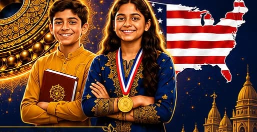 Two young competitors with a USA cultural competition visual